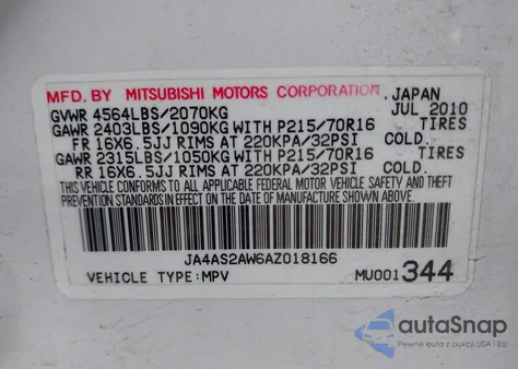 2010 Mitsubishi Outlander Es из США, поврежденный, VIN JA4AS2AW6AZ018166